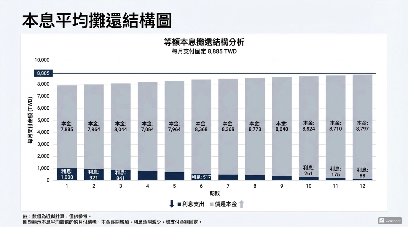 私人金主借款本息平均攤還每月繳款結構示意圖