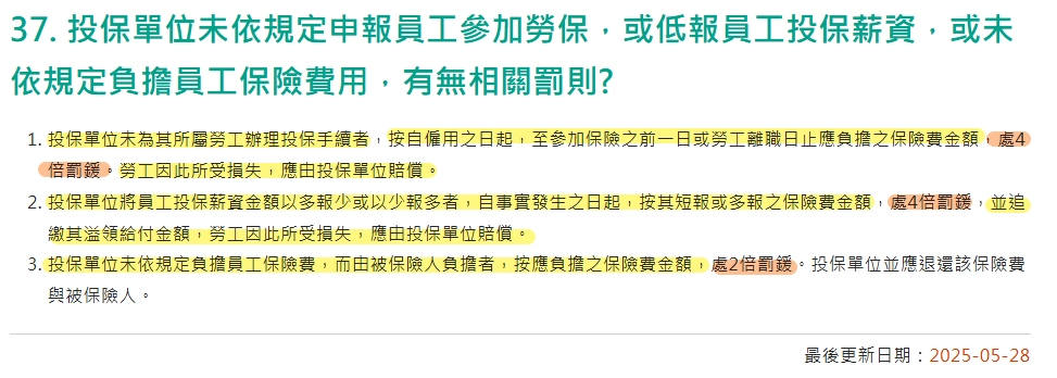 勞動部勞工保險局:投保單位未依規定申報員工參加勞保,或低報員工投保薪資,或未依規定負擔員工保險費用,有無相關罰則?
